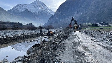 Bild mit zwei Baggern an der Reuss und Bergen im Hintergrund